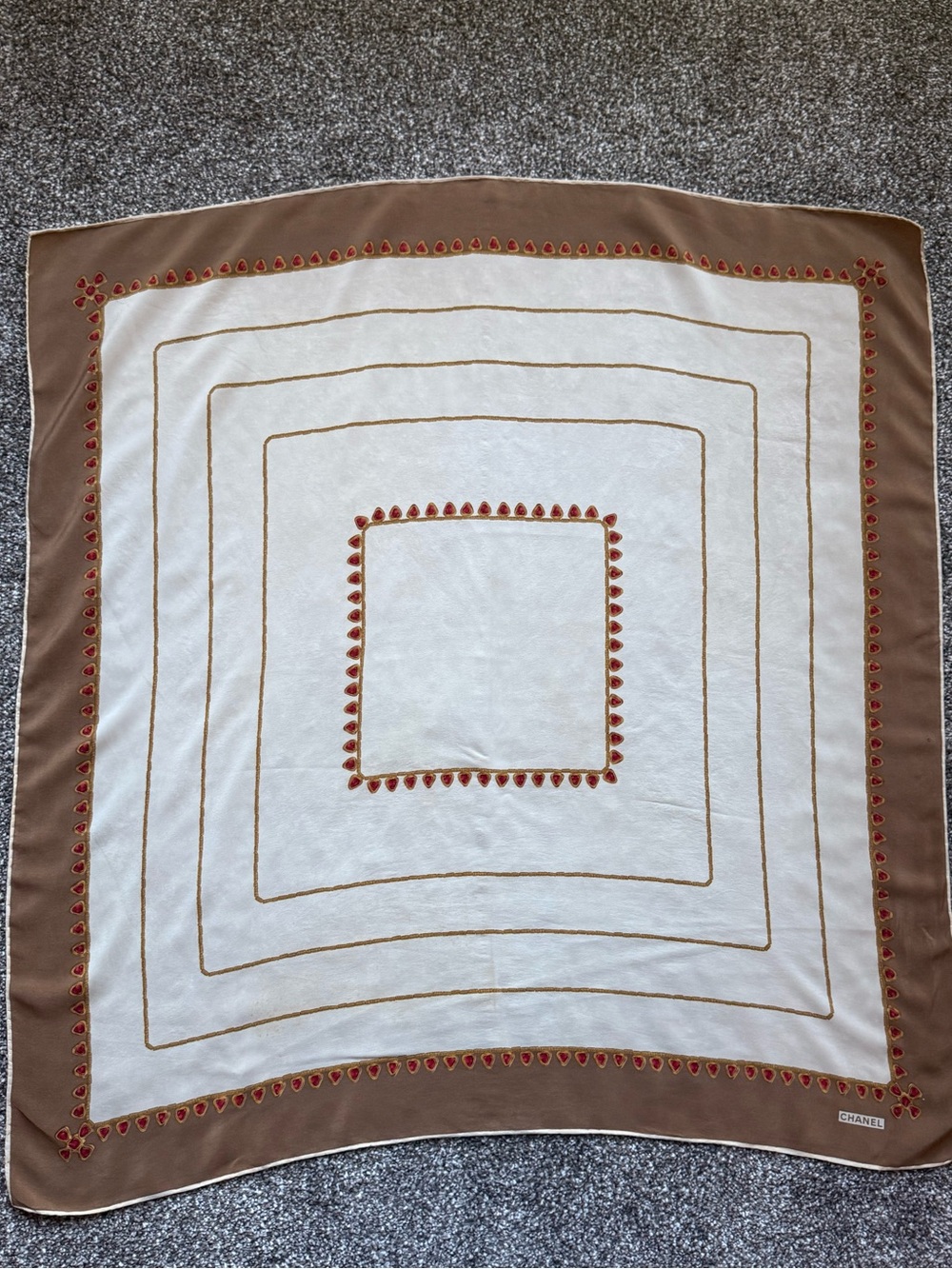 CHANEL Cream and Taupe Silk Scarf with Red Accents